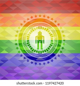robot icon inside emblem on mosaic background with the colors of the LGBT flag