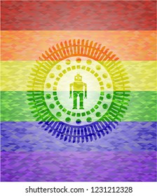 robot icon inside emblem on mosaic background with the colors of the LGBT flag
