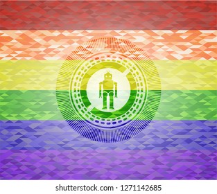 robot icon inside emblem on mosaic background with the colors of the LGBT flag