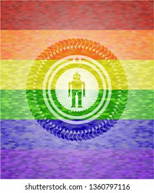 robot icon inside emblem on mosaic background with the colors of the LGBT flag