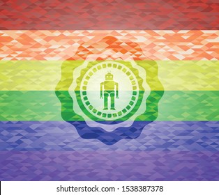 robot icon inside emblem on mosaic background with the colors of the LGBT flag