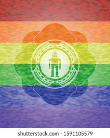 robot icon inside emblem on mosaic background with the colors of the LGBT flag