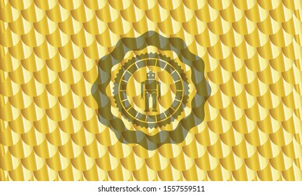 robot icon inside gold emblem. Scales pattern. Vector Illustration. Detailed.