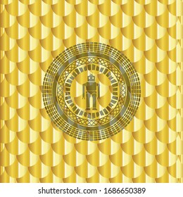 robot icon inside golden emblem or badge. Scales pattern. Vector Illustration. Detailed.