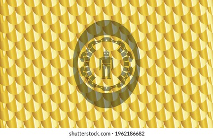 robot icon inside golden emblem. Scales pattern. Vector Illustration. Detailed. 
