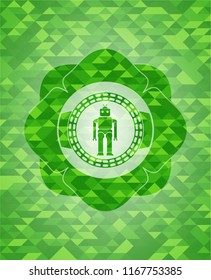 robot icon inside green emblem with mosaic ecological style background