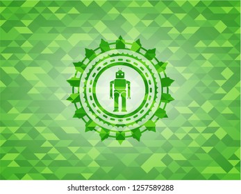 robot icon inside green emblem with mosaic ecological style background