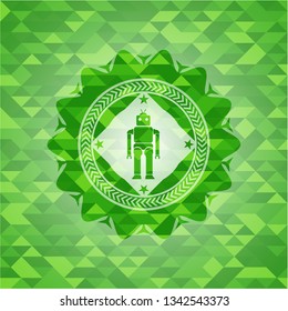 robot icon inside green emblem. Mosaic background
