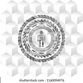 robot icon inside grey badge with geometric cube white background
