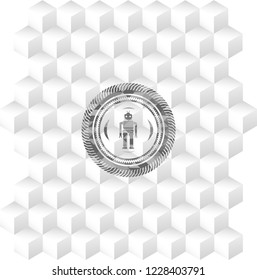 robot icon inside grey badge with geometric cube white background