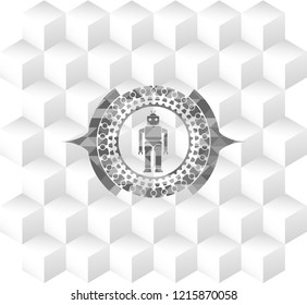 robot icon inside grey emblem. Retro with geometric cube white background