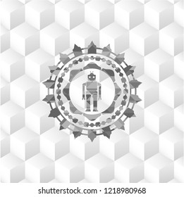 robot icon inside grey emblem. Retro with geometric cube white background