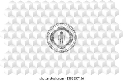 robot icon inside grey emblem with geometric cube white background