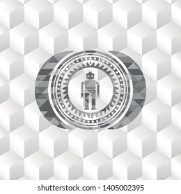 robot icon inside grey emblem. Retro with geometric cube white background