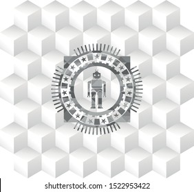 robot icon inside grey icon or emblem with geometric cube white background