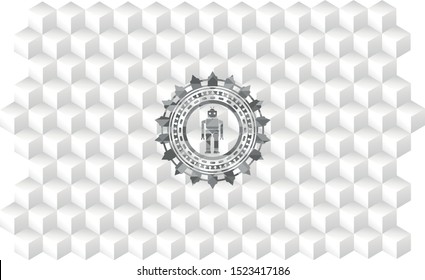 robot icon inside grey emblem with cube white background