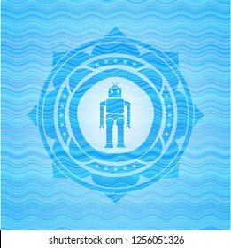 robot icon inside light blue water wave emblem background.