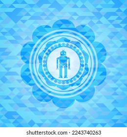 robot icon inside light blue emblem with mosaic ecological style background. 