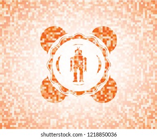 robot icon inside orange tile background illustration. Square geometric mosaic seamless pattern with emblem inside.