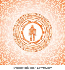 robot icon inside orange tile background illustration. Square geometric mosaic seamless pattern with emblem inside.