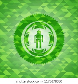 robot icon inside realistic green emblem. Mosaic background