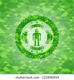 robot icon inside realistic green mosaic emblem