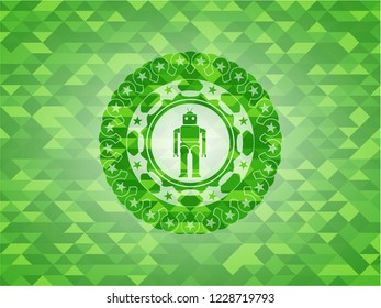 robot icon inside realistic green emblem. Mosaic background