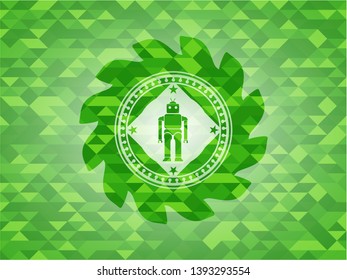 robot icon inside realistic green emblem. Mosaic background