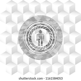 robot icon inside realistic grey emblem with geometric cube white background