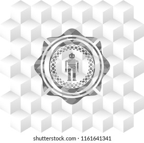 robot icon inside realistic grey emblem with geometric cube white background