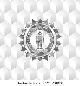robot icon inside realistic grey emblem with geometric cube white background