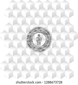 robot icon inside realistic grey emblem with geometric cube white background