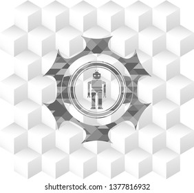 robot icon inside realistic grey emblem with geometric cube white background