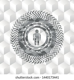 robot icon inside realistic grey emblem with geometric cube white background