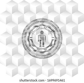 robot icon inside realistic grey emblem with cube white background