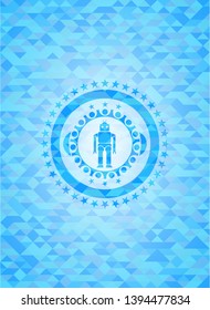 robot icon inside realistic sky blue emblem. Mosaic background