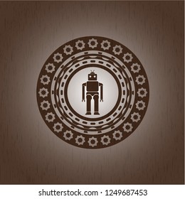 robot icon inside realistic wood emblem