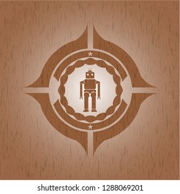 robot icon inside realistic wood emblem