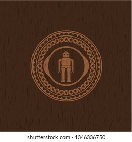 robot icon inside realistic wood emblem