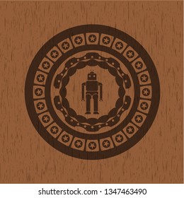 robot icon inside realistic wood emblem