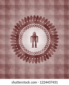 robot icon inside red emblem with geometric background. Seamless.