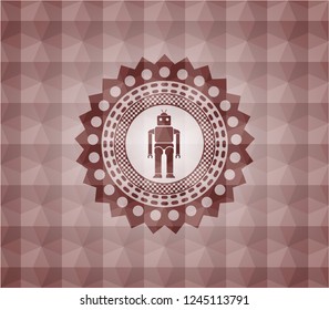 robot icon inside red emblem or badge with geometric pattern background. Seamless.