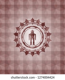 robot icon inside red emblem with geometric pattern background. Seamless.