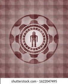 robot icon inside red emblem with geometric background. Seamless.
