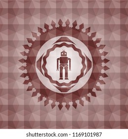 robot icon inside red seamless emblem or badge with geometric pattern background.