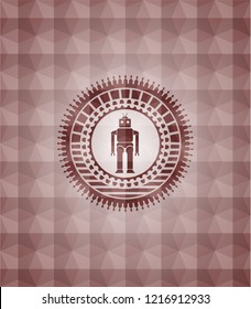 robot icon inside red seamless emblem with geometric pattern.