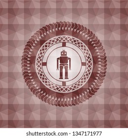 robot icon inside red seamless emblem or badge with abstract geometric pattern background.