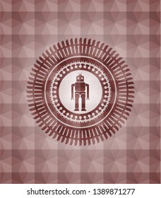 robot icon inside red seamless emblem with geometric background.