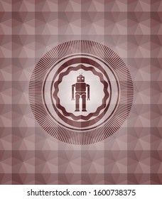 robot icon inside red seamless emblem or badge with geometric pattern background.