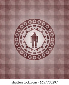 Robotersymbol in rotem, nahtlosem Abzeichen mit geometrischem Musterhintergrund.